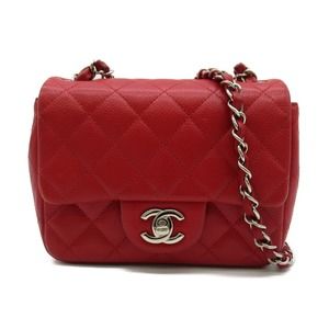 CHANEL Mini Matelasse Chain Shoulder Bag Caviar Skin Red
